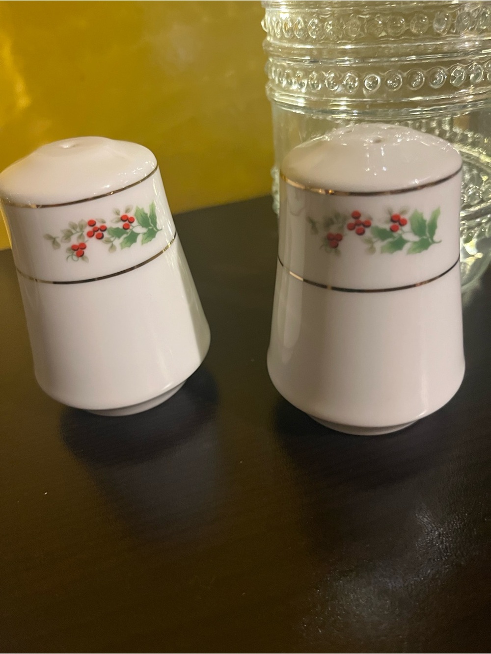 Vintage White Porcelain Salt & Pepper Shakers with Holly Berry Motif